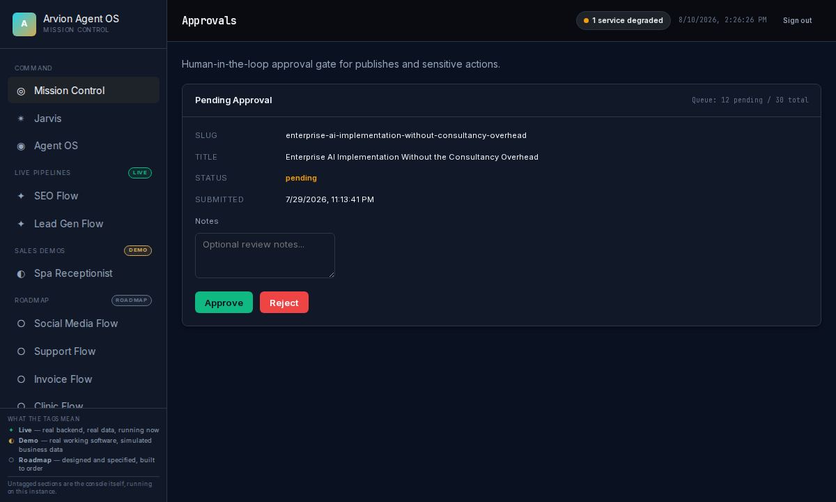Agent OS approval queue showing items awaiting human review