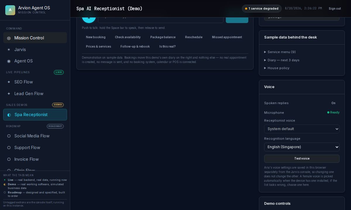 Agent OS voice receptionist demo