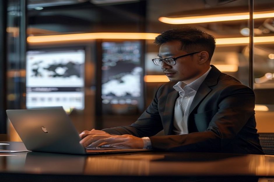 A professional works on a laptop in a dim modern office, data dashboards glowing on wall screens behind.