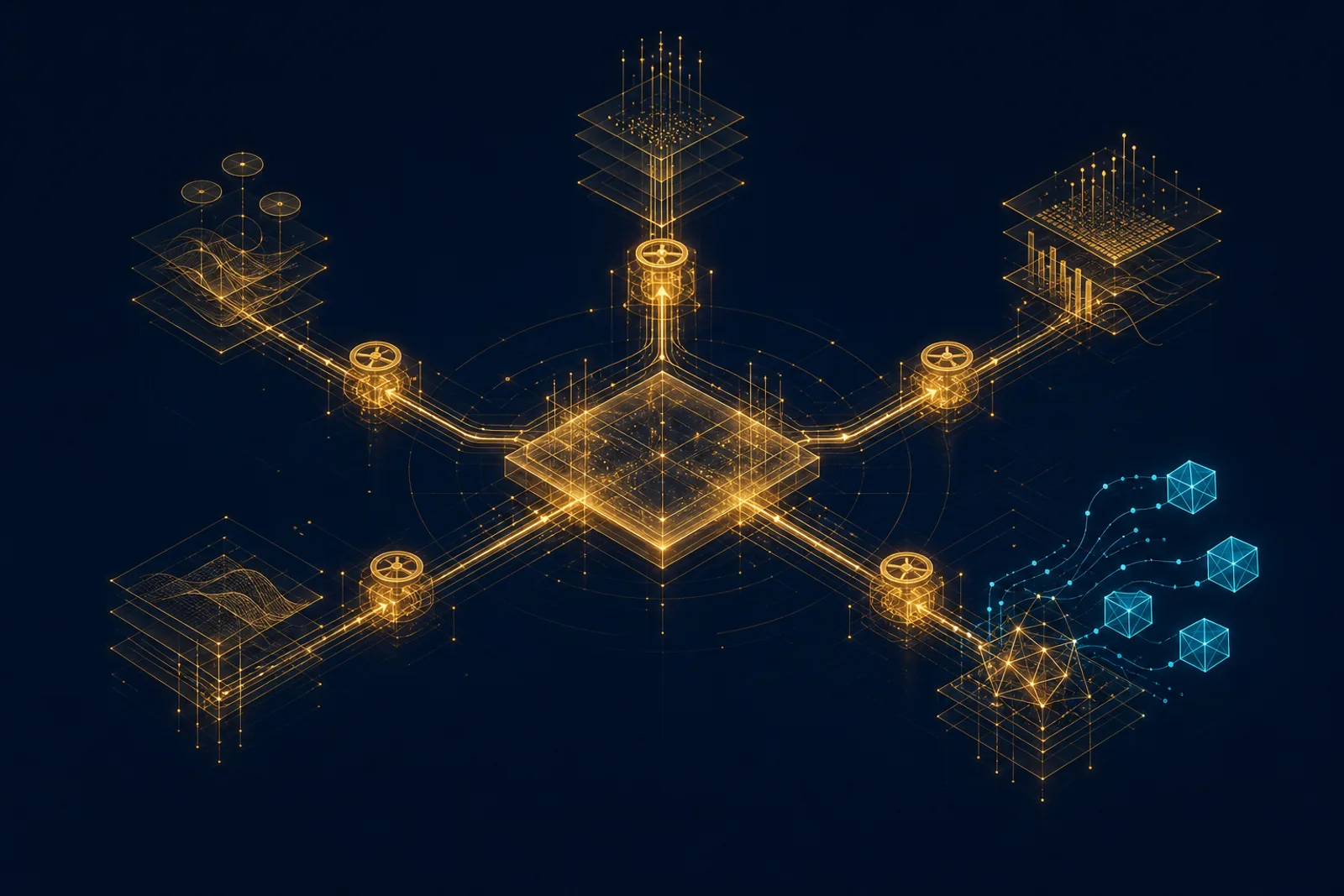 A glowing gold ledger plane on dark navy, gold data channels branching through gate valves to cyan nodes.
