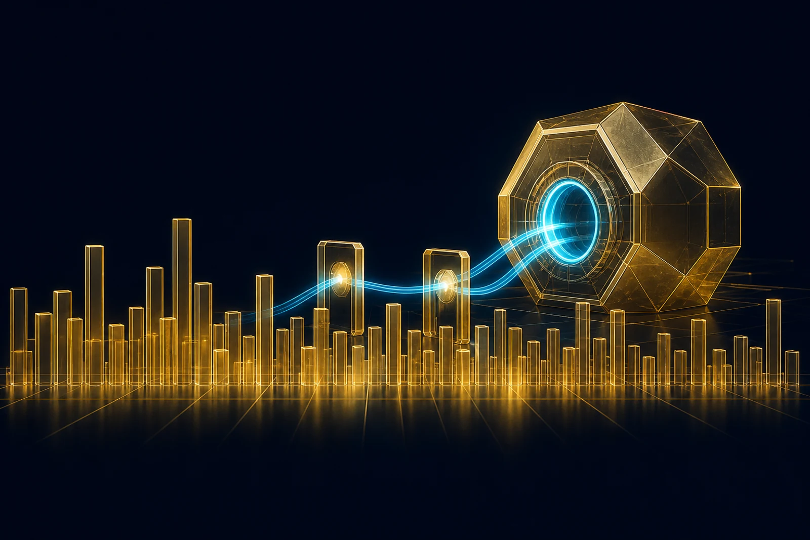 A wide row of translucent gold appointment-slot bars on deep navy feeds two cyan conduits into a sealed faceted vault chamber, each conduit passing through a small glowing approval gate.