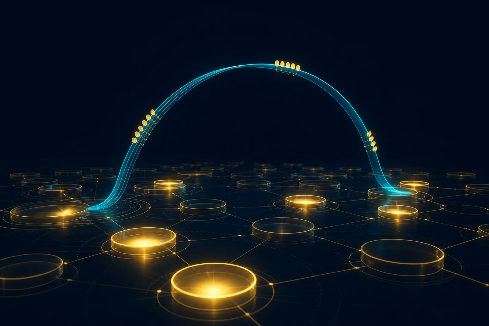 A wide grid of round translucent gold table-nodes recedes across a dark navy floor, some lit and some dim, with a continuous cyan ribbon arcing out of the grid and returning to it.