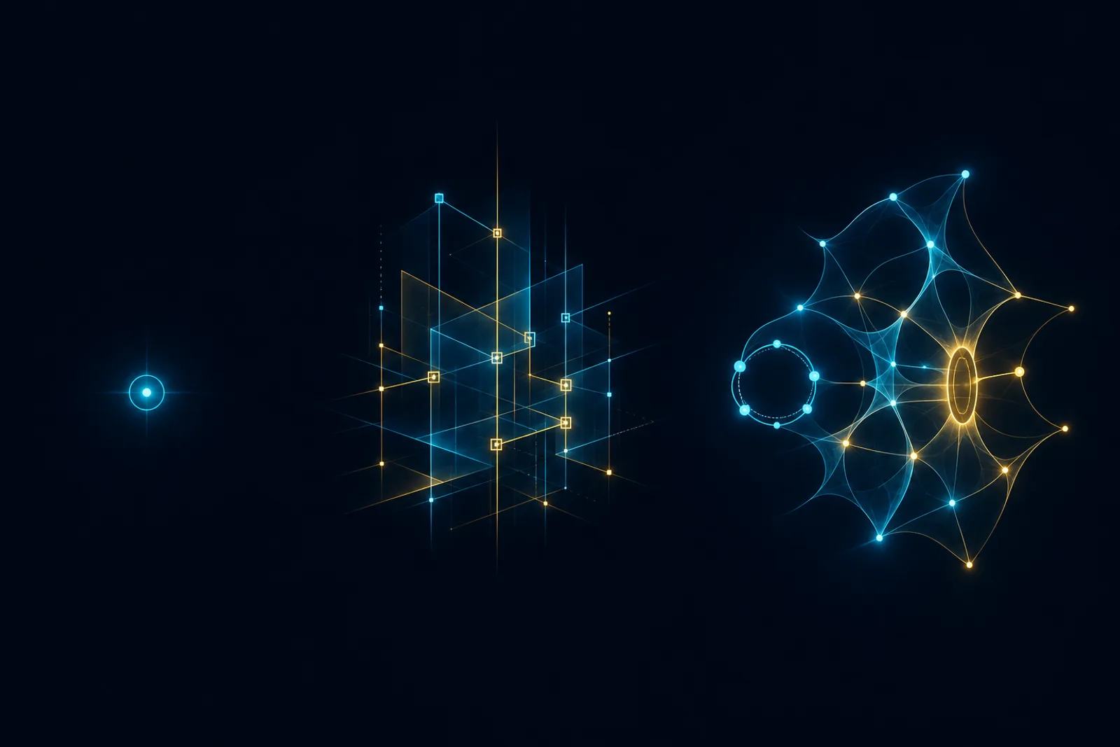 Three forms on navy: a lone node, a rigid gold grid, and an adaptive cyan mesh with a memory loop and gate.