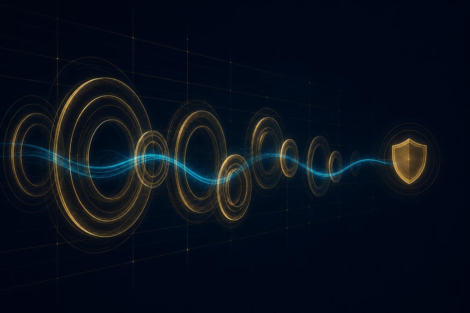 Concentric translucent gold cohort rings of varying size recede across a deep navy field, threaded by a cyan communication conduit that terminates at a small protective gold shield.