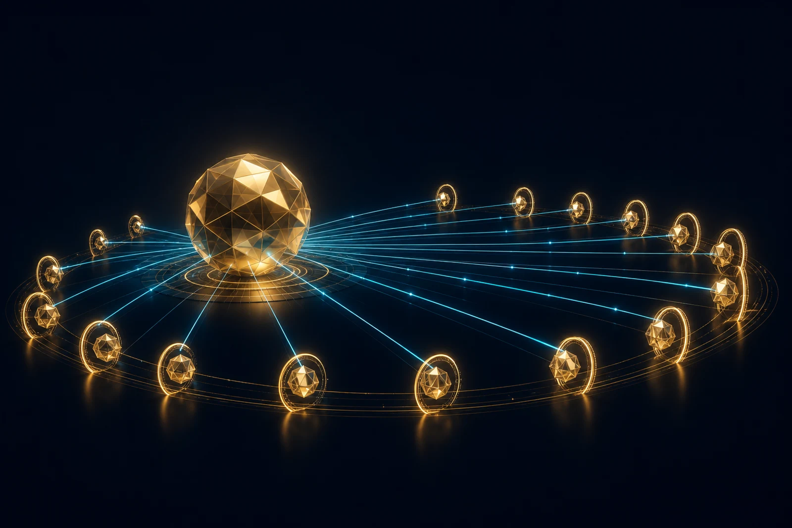 A faceted gold hub sphere on navy linked by cyan conduits to a ring of gold agent nodes through gates.