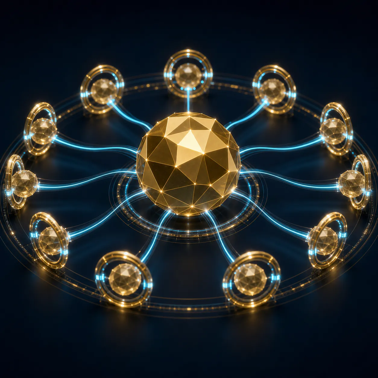 A faceted gold command-hub sphere on dark navy linked by cyan light conduits to a surrounding ring of smaller translucent gold agent nodes, each passing through a small glowing aperture gate.