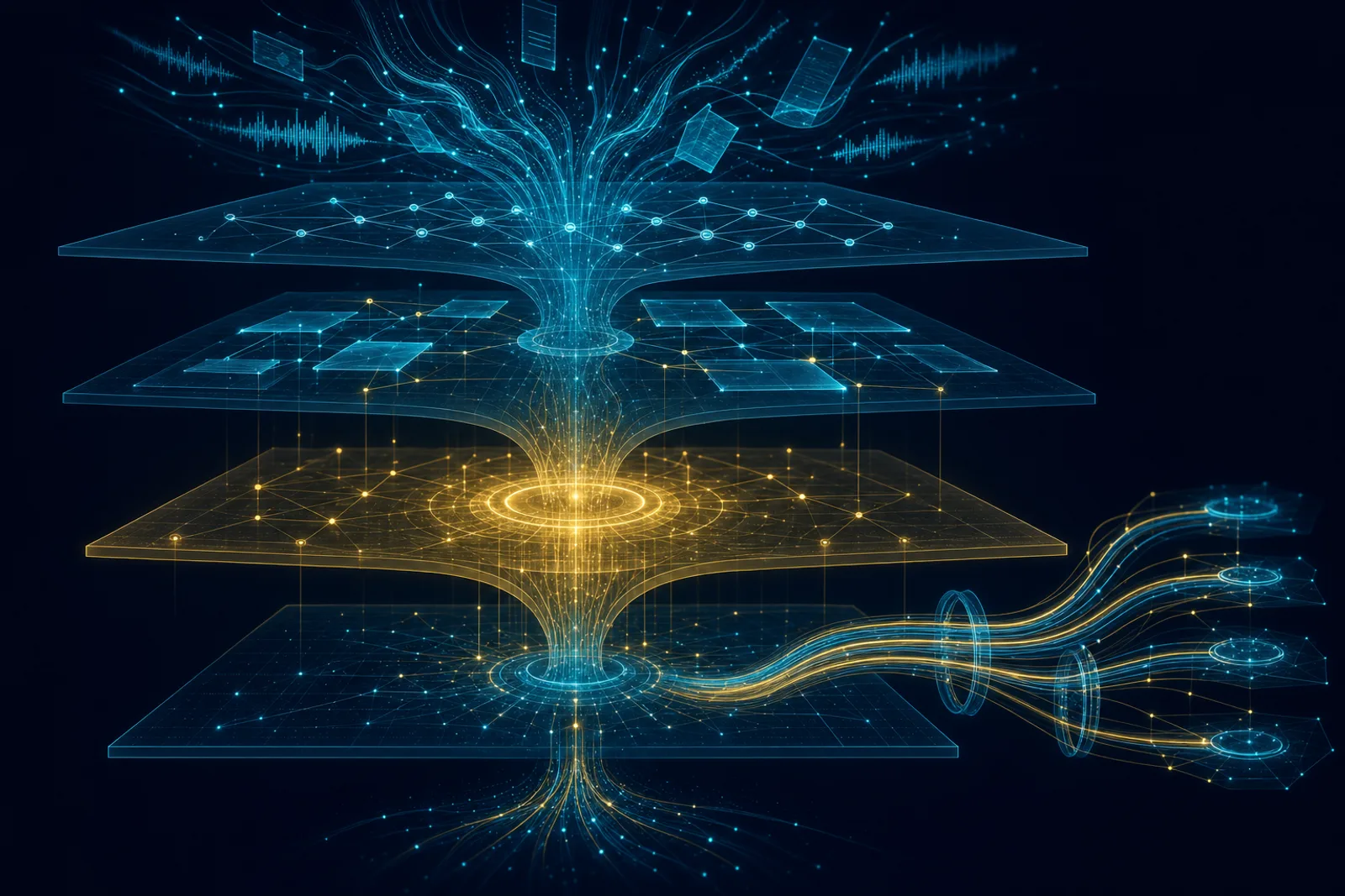 Cyan input wisps descend through four layers on navy to a gold gated layer with an escalation branch.