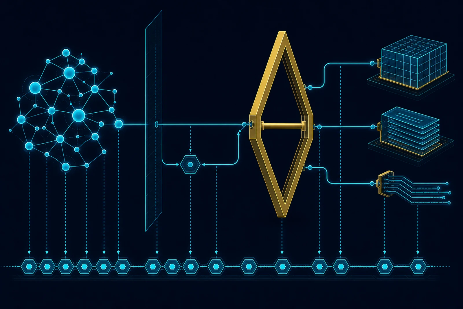 AI governance framework execution gateway rendered abstractly: a cyan agent-reasoning cluster on the left, separated by a boundary wall from a gold human-approval gate at centre whose barrier is closed, with three writeback channels beyond it and a stream of audit-log tokens flowing along the bottom from both approved and rejected paths.