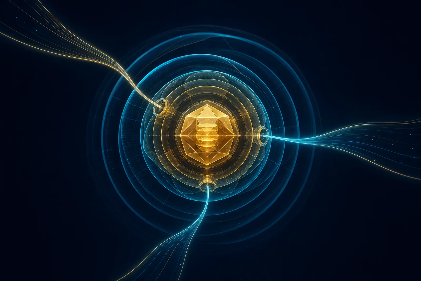 A faceted gold core inside nested gold and cyan shells on navy, three light conduits reaching inward.