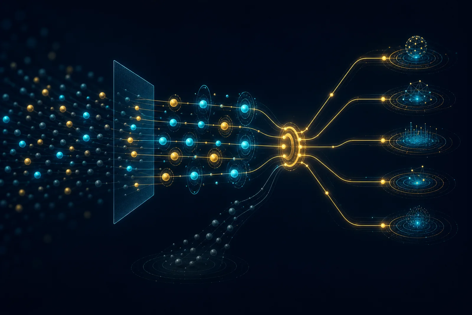 Lead nodes cross navy through a scoring filter and cyan rings, forking at a gold switch; dim ones peel off.