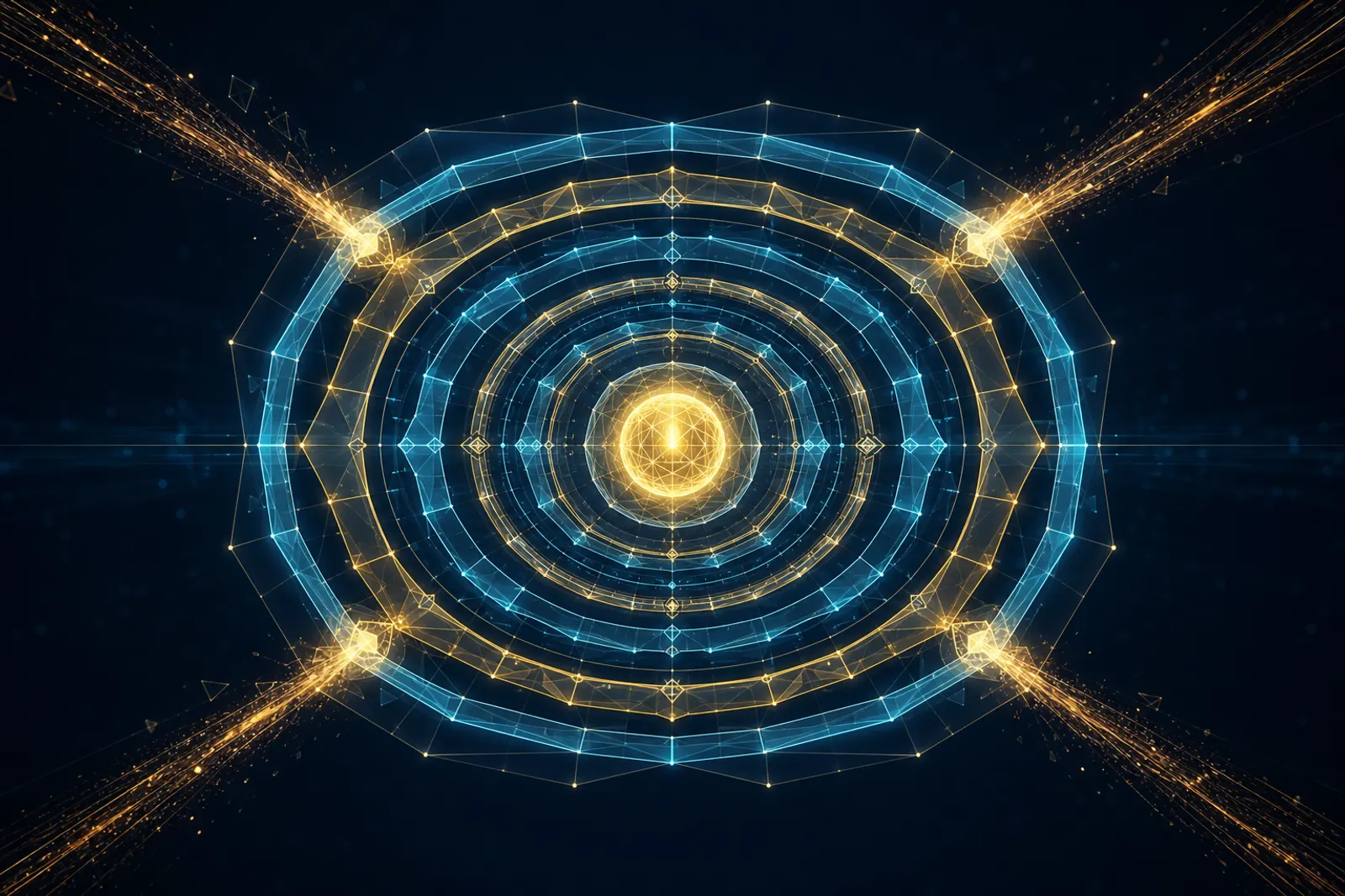 Concentric gold and cyan rings enclose a gold core on navy, four attack filaments deflected at corner gates.