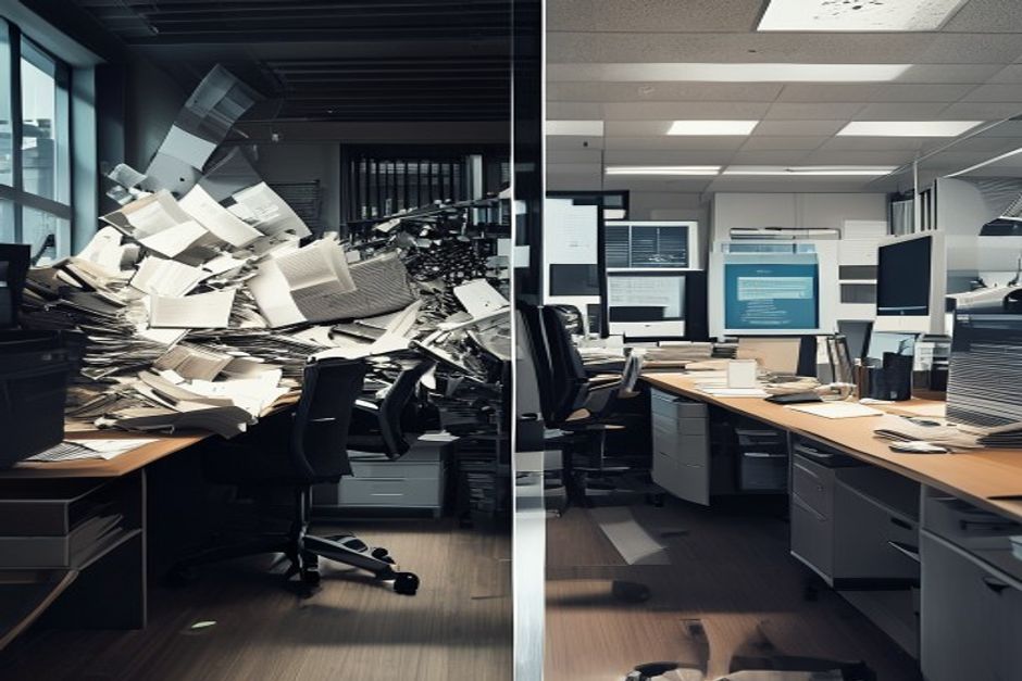 One office split in two: the left buried under paper stacks, the right the same desk cleared and orderly.
