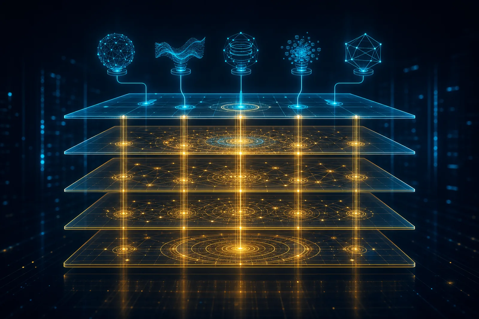 Five translucent planes stacked on navy, joined by gold columns, five system nodes docking via cyan links.