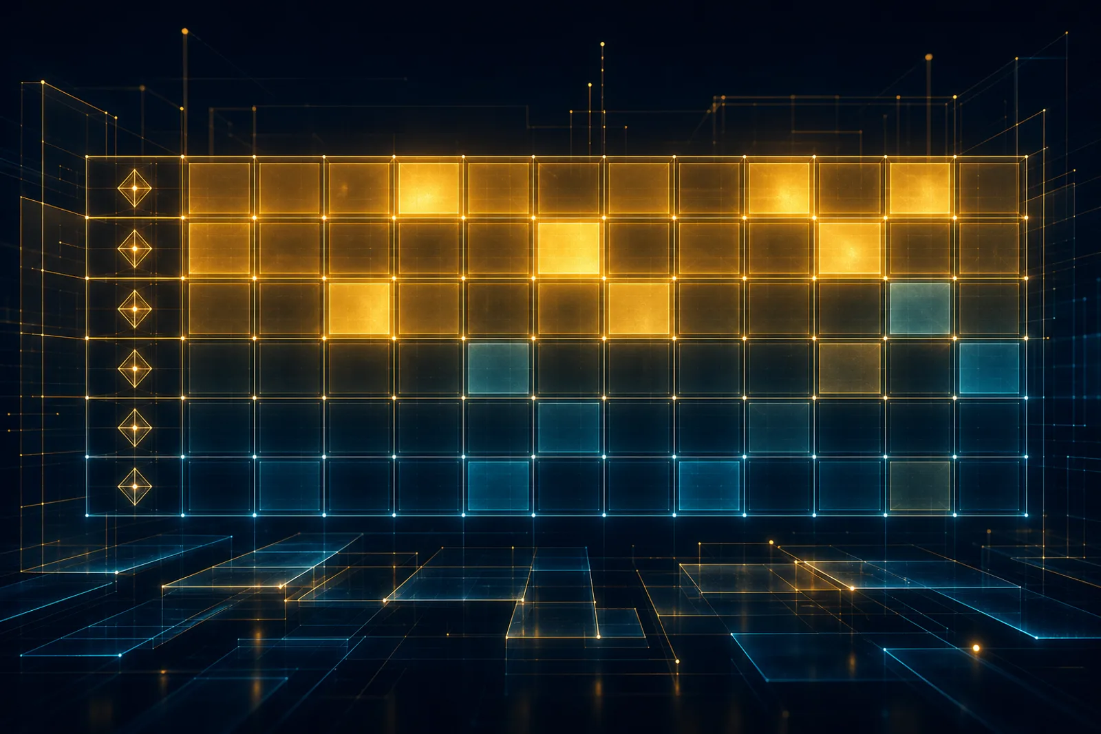 A grid of criterion rows on navy, upper rows glowing gold, dim cyan cells marking the gaps.