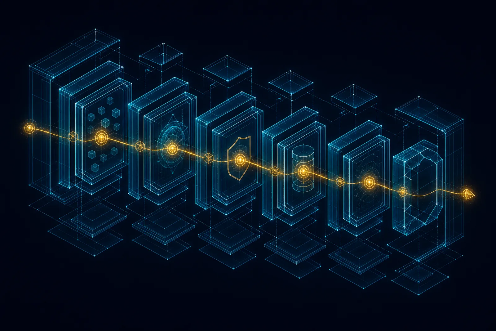 Translucent hardened enclosures stacked in isometric depth on navy, threaded by a single gold chain.