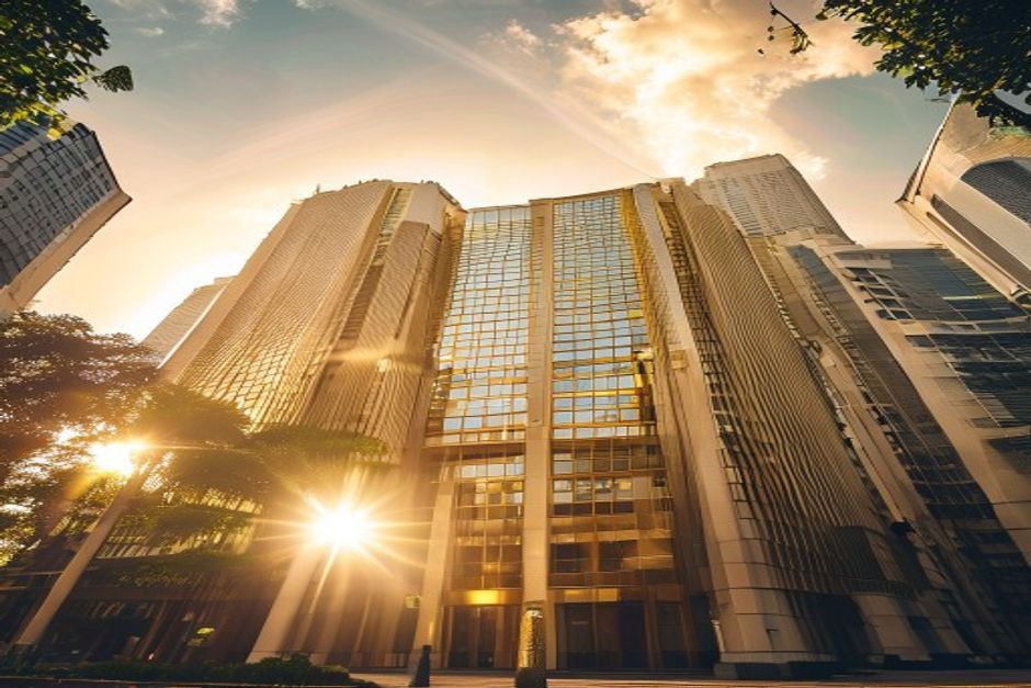 Singapore's downtown office towers seen from below, glass facades catching golden-hour light through trees.