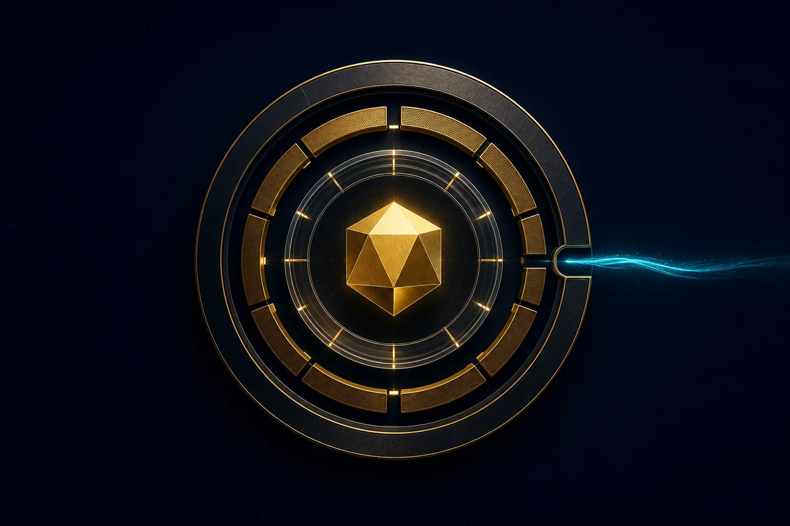 A gold agent core on deep navy is wrapped in three concentric protective rings — a sandbox boundary, a redaction layer, and an approval gate — with a cyan egress stream held at a single controlled aperture.