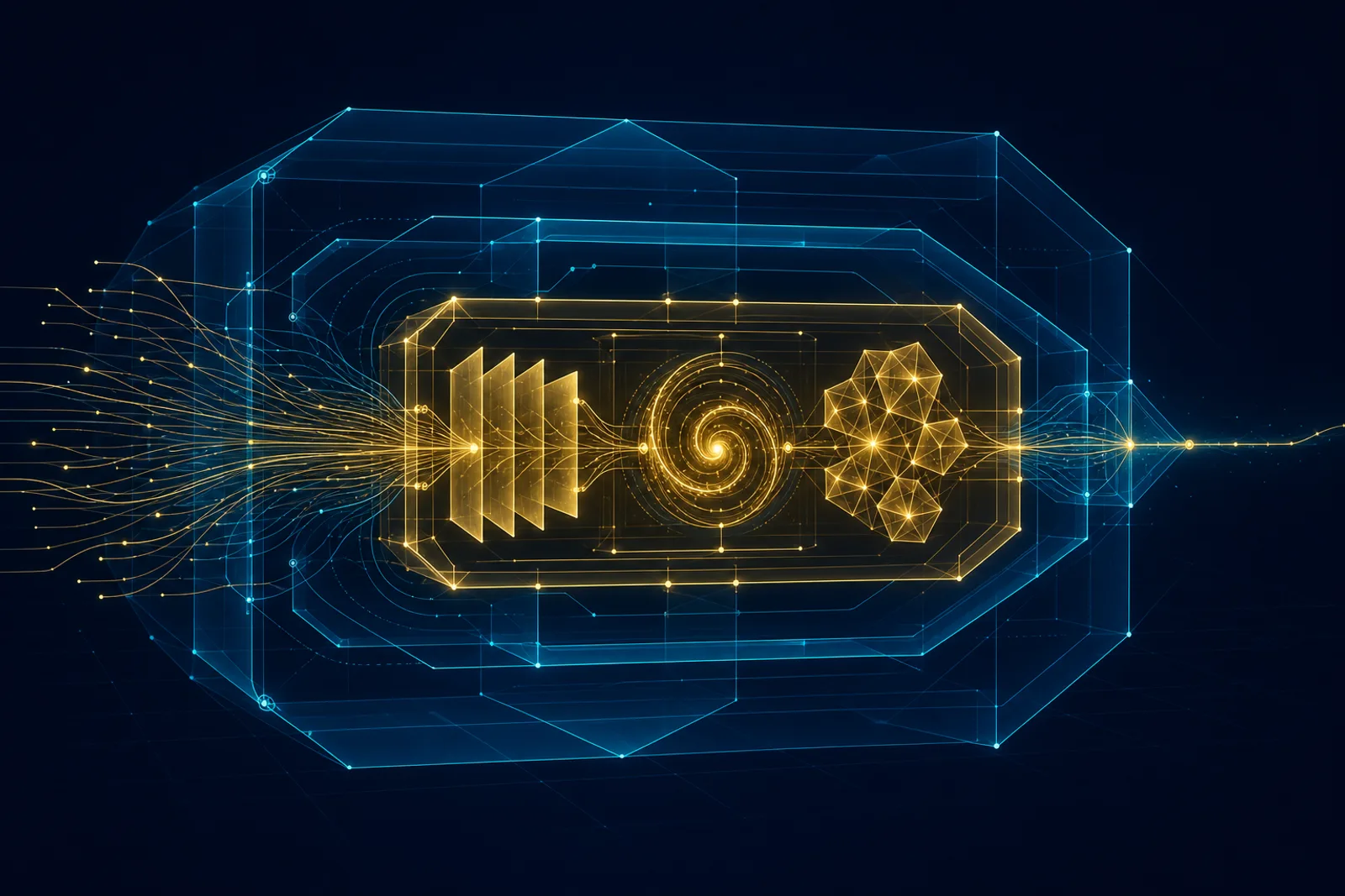 A cyan outer shell on navy holds a gold core; one filament slips through ungated while inner lines pass a gate.