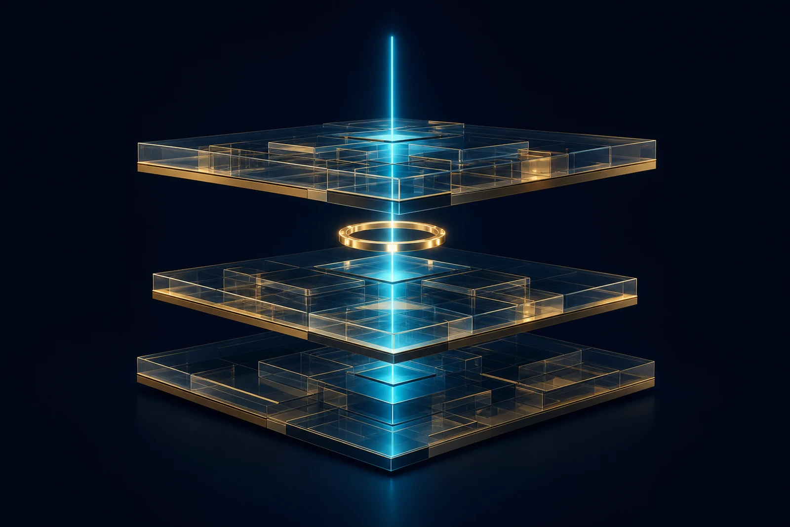 Three stacked glass and gold layers on navy joined by a cyan conduit, with one gold gate ring between them.