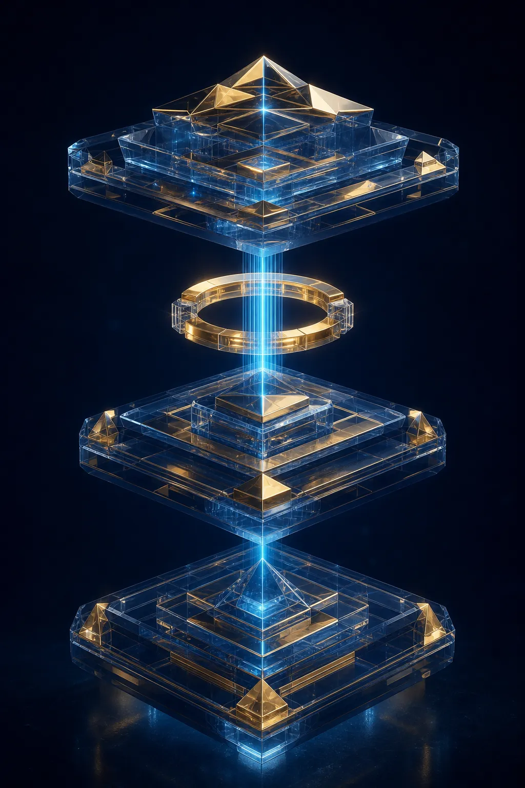 Three stacked translucent glass and gold architectural layers on dark navy, connected by a vertical cyan light conduit, with a single glowing gold gate ring checkpoint between the middle and top layer.