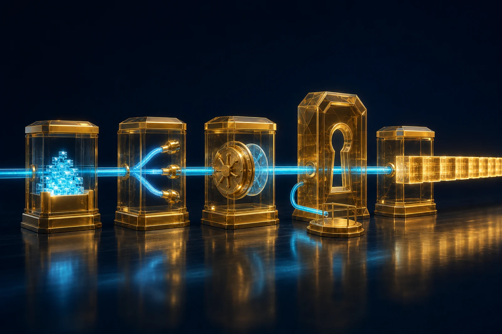 Automated invoice processing AI agent pipeline rendered as five gold chambers in a row on a deep navy field, threaded by a single cyan conduit: a staging reservoir of held data, a three-way branch for per-line GST classification, a closed circular gate for duplicate detection, a keyhole approval arch with a loop-back review path, and a chain of ledger blocks forming the audit log.