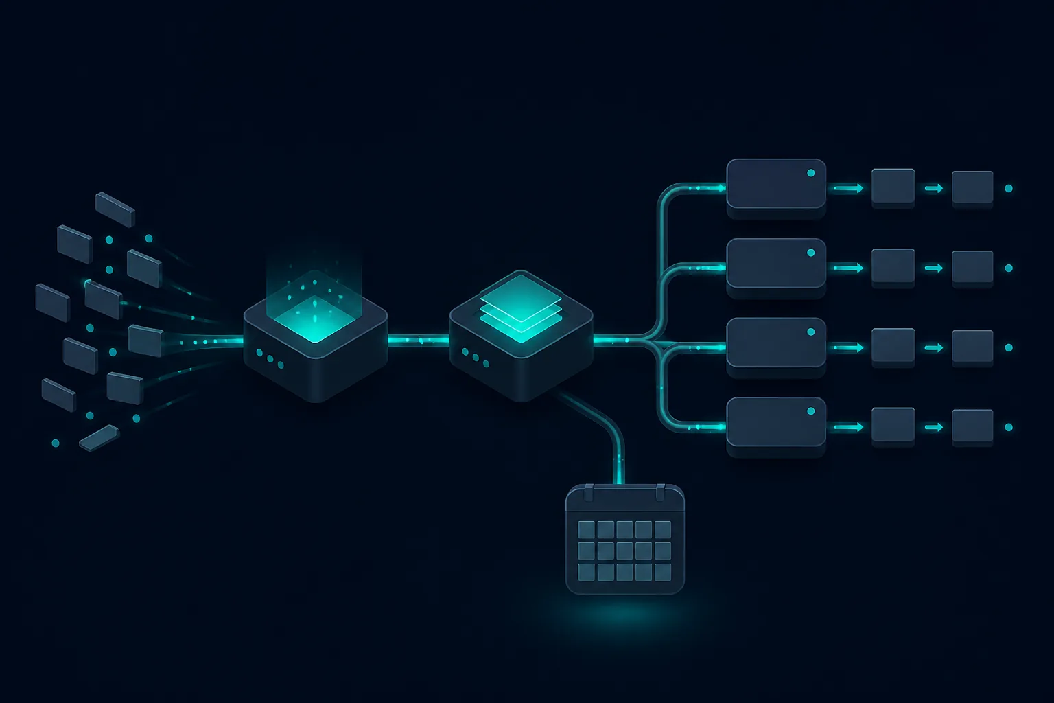 Contact records flow through enrichment and scoring stages into segmented nurture tracks beside a scheduling node.