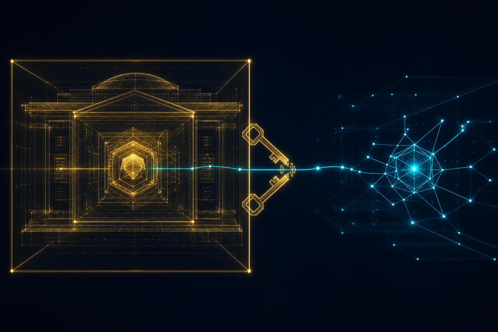 A gold enclosure on navy holds a vault; one cyan tendril crosses the perimeter at a dual-key gold gate.