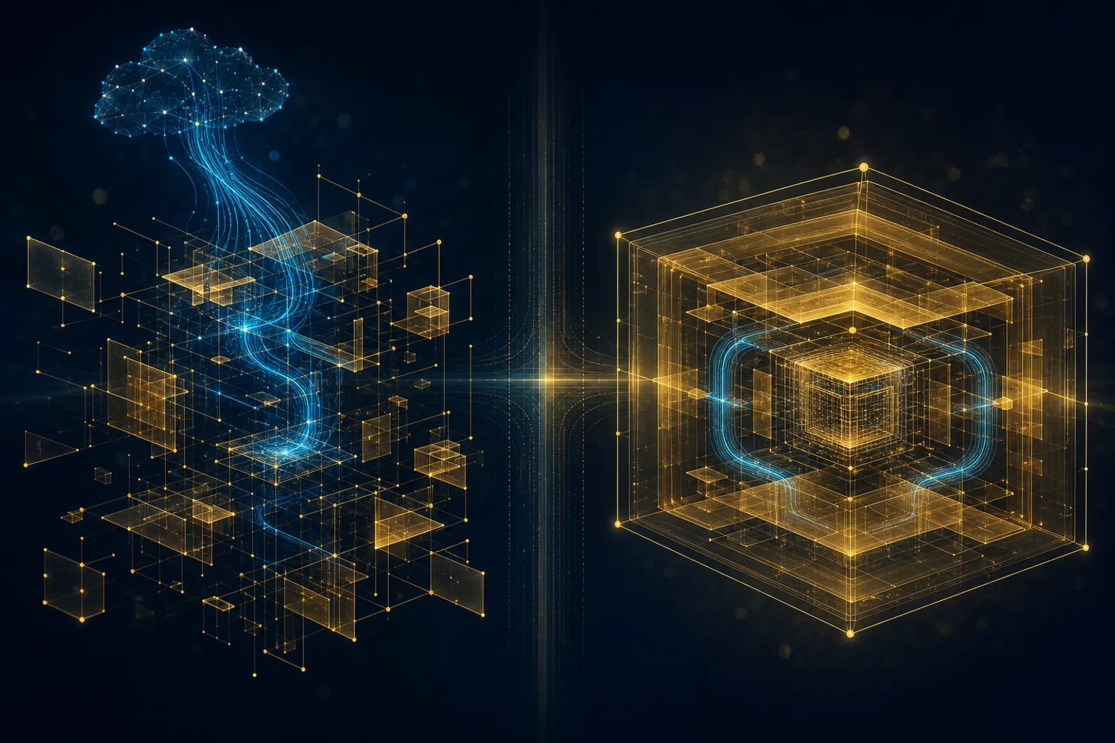 Navy split: scattered gold blocks leaking a trace to a cloud node left, a sealed core looping traces right.