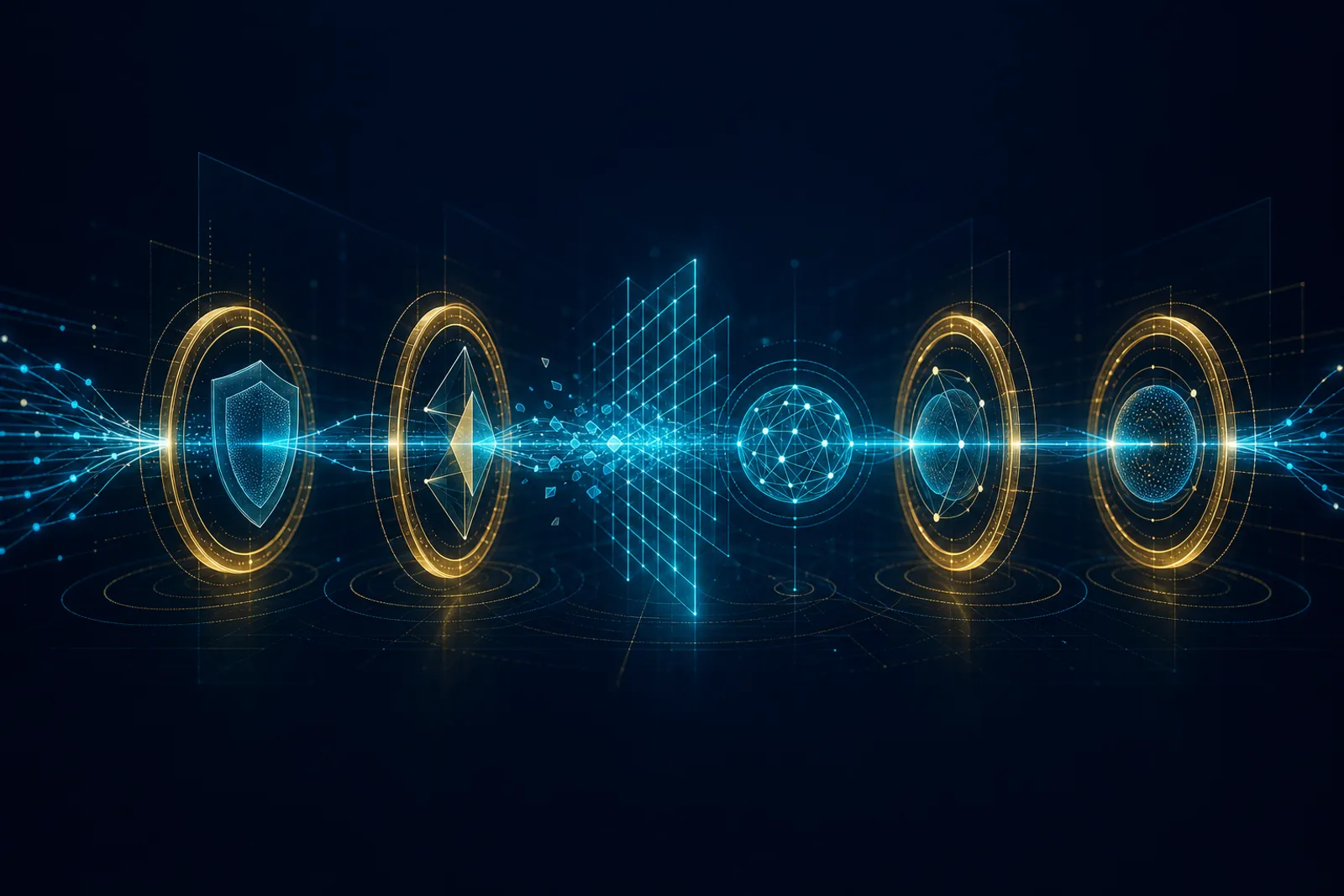 A data strand crosses four gold seal-checkpoints on navy, masked by a cyan lattice at the centre node.