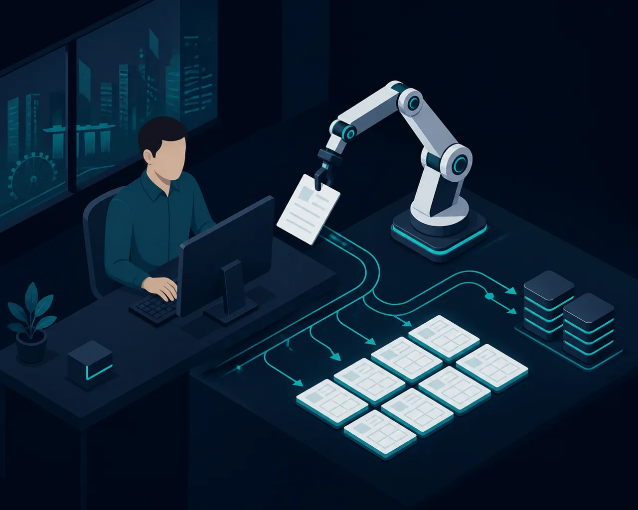 Robotic process automation in a Singapore office: a robotic arm sorting documents into structured records at a desk.