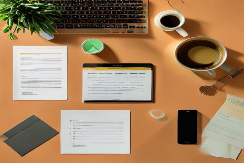 Overhead desk flat-lay on orange: keyboard, two coffee cups, documents, tablet, phone and a small plant.