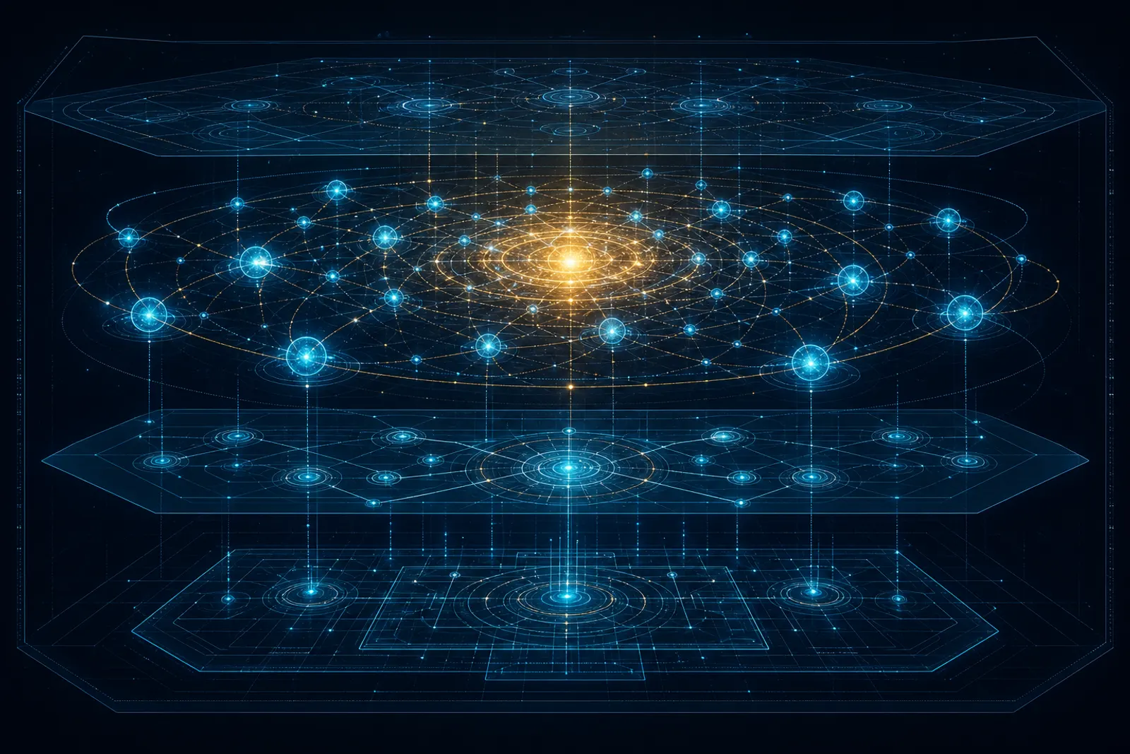 Cyan memory nodes orbit a gold core on navy, resolving below into three stacked architectural layers.