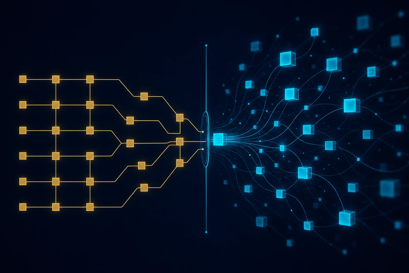 A rigid gold node-graph grid on the left contrasts with a dynamic cyan constellation of agent nodes converging through a single governed gate line on the right, on a deep navy field.