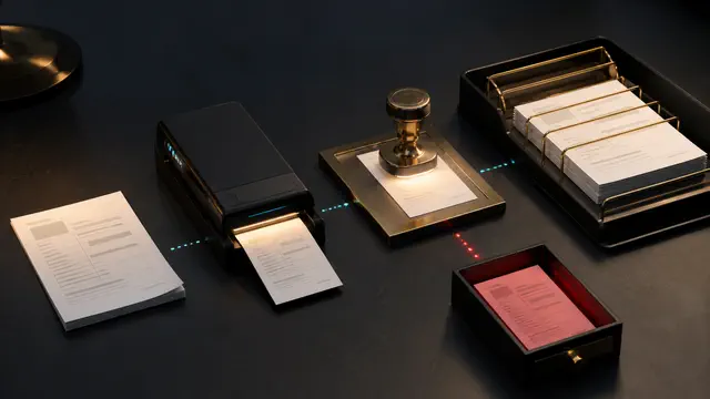 Documents moving through validation, approval, and structured ledger stages