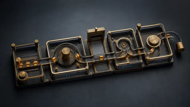 Brass and smoked-glass workflow stages routing governed agent actions